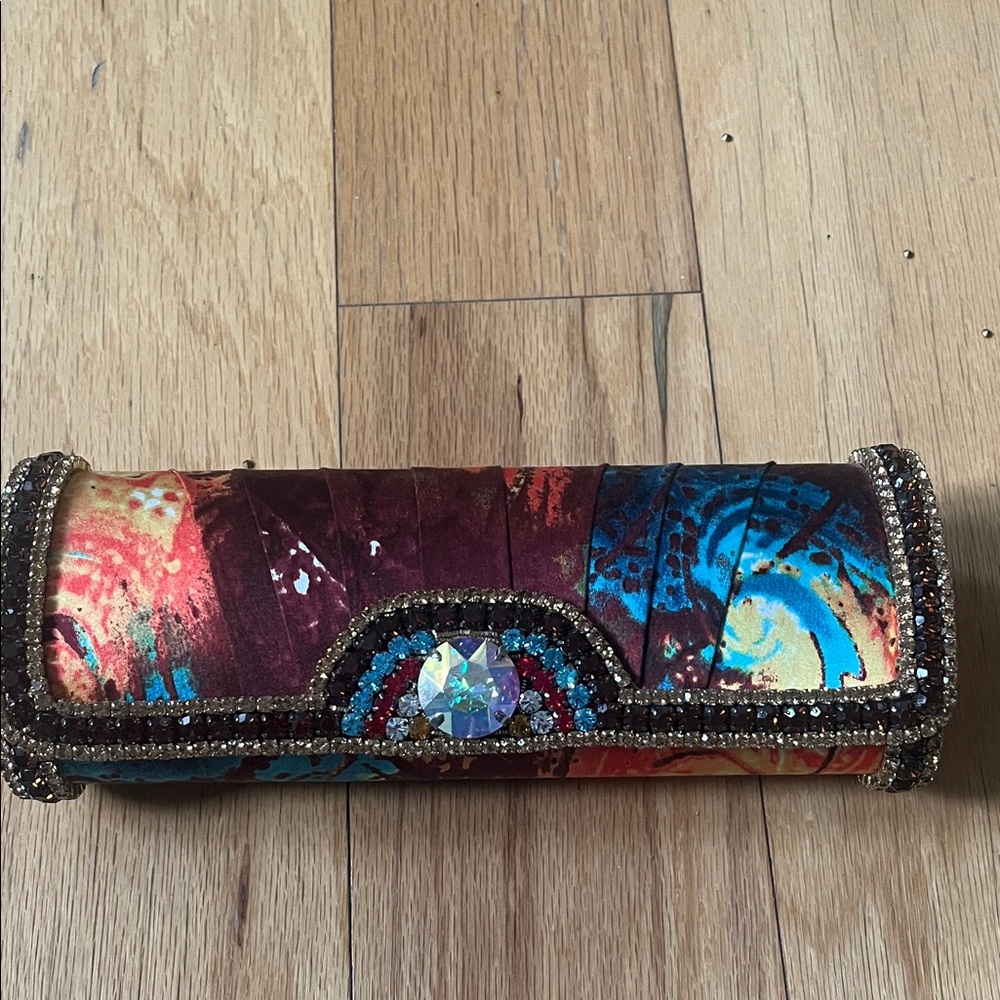 Multicolor Embellished Satin Clutch Wristlet